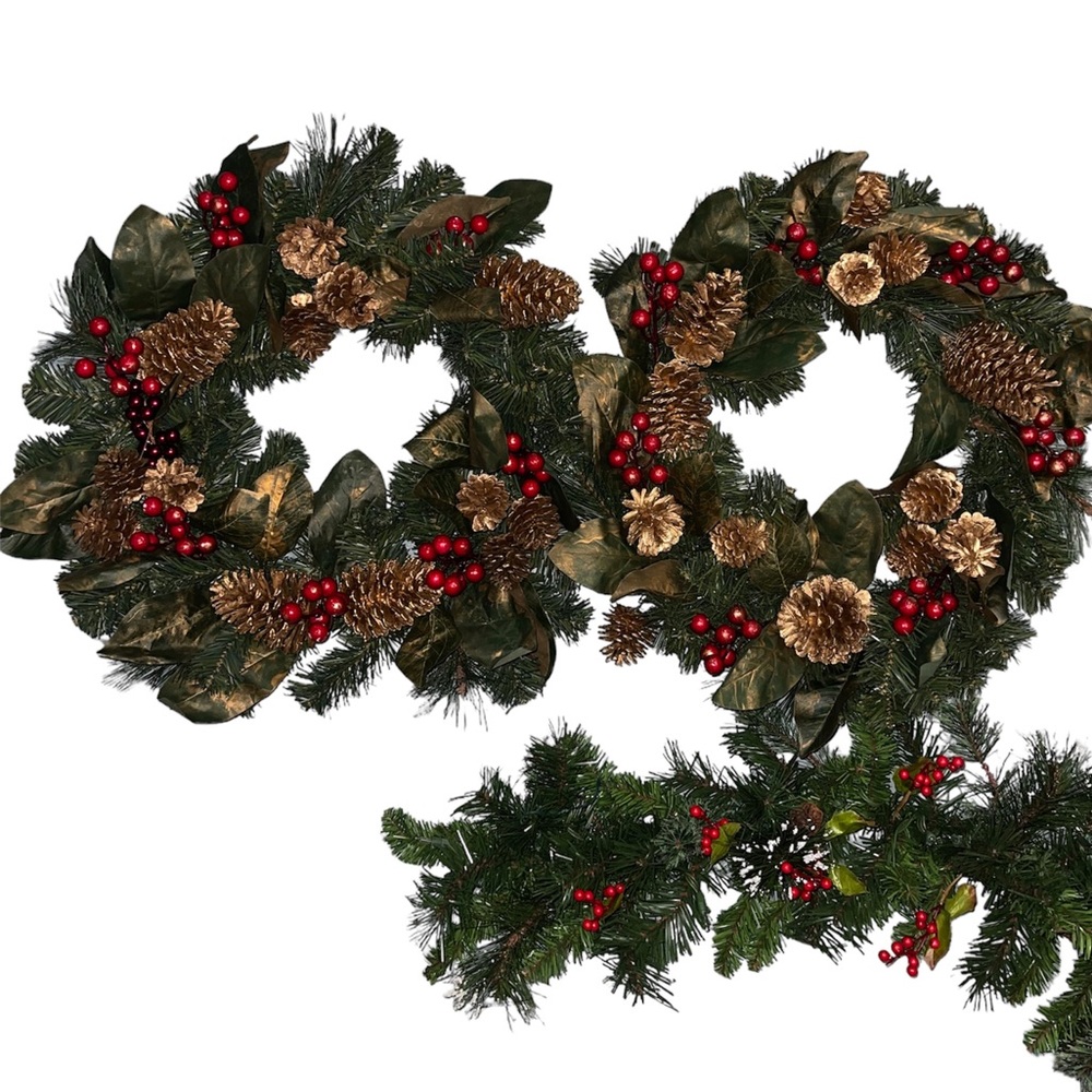 Two Wreaths Red Berries Pinecones and Gold Magnolia Leafs